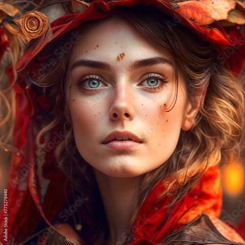 woman with green eyes, wearing a red scarf, a hat decorated with flowers and golden autumn leaves and ribbons, 