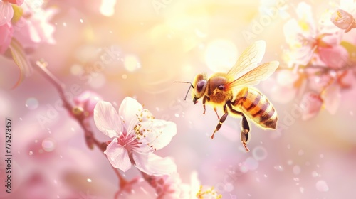 Honey bee pollinating cherry blossoms. Close-up macro shot with a glowing pink bokeh background © ANStudio