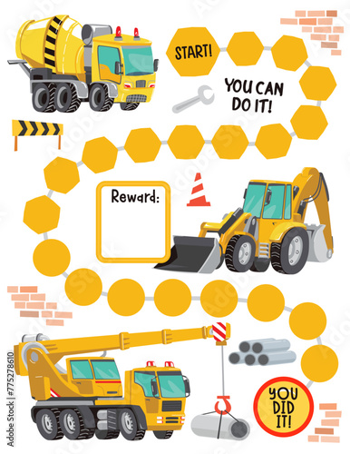 Construction reward chart for girls and boys. Building machines reward chart. Table of behavior and routine work of kids. Vector illustration.