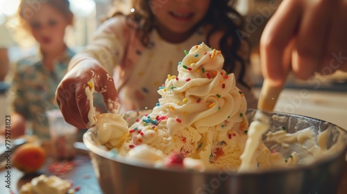 Joyful children garnishing homemade ice cream with colorful sprinkles, a moment full of fun and creativity in the kitchen.