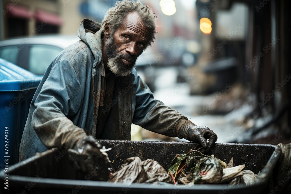 A man with a beard is standing next to a trash can, possibly scavenging for items or food. The man appears to be homeless and is searching through the trash receptacle A man with a beard is standing next to a trash can, possibly scavenging for items or food. The man appears to be homeless and is searching through the trash receptacle