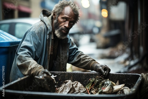 A man with a beard is standing next to a trash can, possibly scavenging for items or food. The man appears to be homeless and is searching through the trash receptacle photo