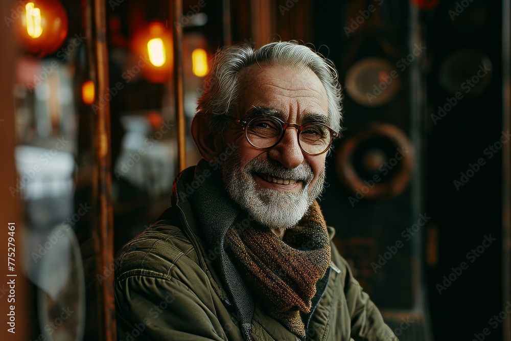 Portrait of a senior man with glasses and a beard in a cafe.