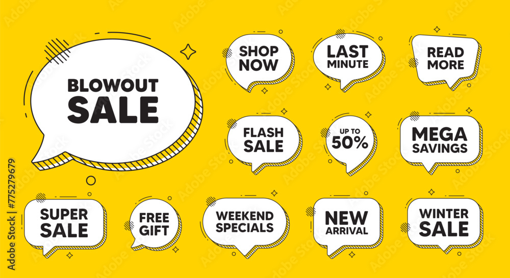 Obraz premium Offer speech bubble icons. Blowout sale tag. Special offer price sign. Advertising discounts symbol. Blowout sale chat offer. Speech bubble discount banner. Text box balloon. Vector
