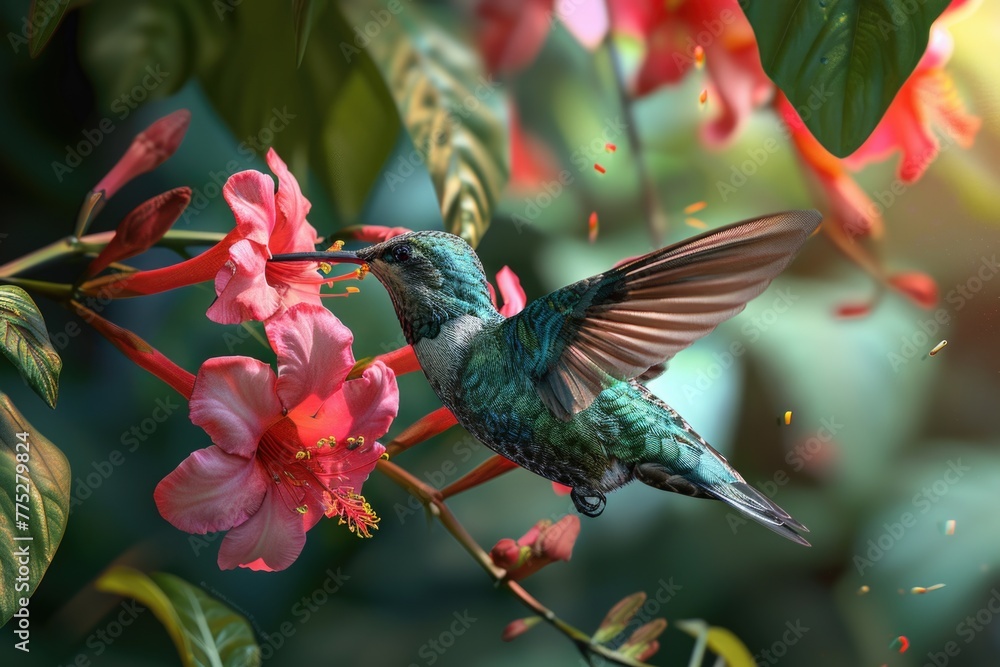 Obraz premium A beautiful hummingbird perched on a pink flower. Perfect for nature and wildlife themes