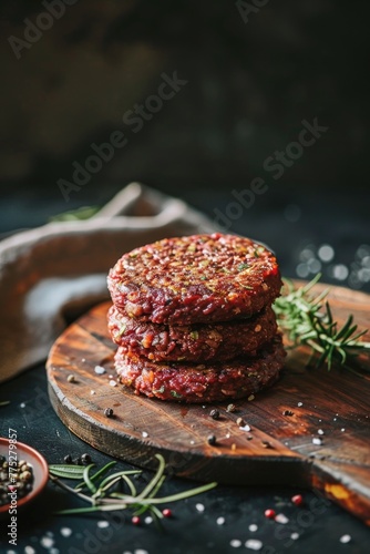 Stack of meat patties on a rustic wooden board, ideal for food blogs or restaurant menus