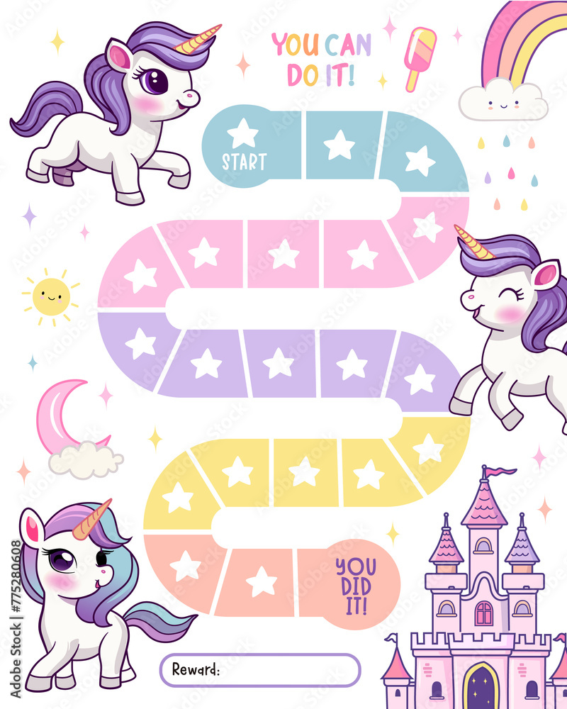 Unicorn reward chart for girls and boys. Cute baby unicorn. Table of behavior and routine work of kids.  illustration - obrazy, fototapety, plakaty 