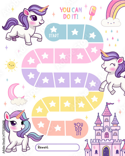 Unicorn reward chart for girls and boys. Cute baby unicorn. Table of behavior and routine work of kids.  illustration