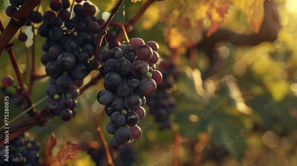 Fresh bunch of grapes on a vine, perfect for wine labels or fruit advertisements Fresh bunch of grapes on a vine, perfect for wine labels or fruit advertisements