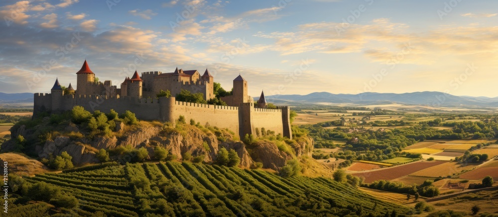 Naklejka premium Majestic castle towering atop a hill overlooking a beautiful vineyard in the foreground
