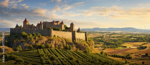 Majestic castle towering atop a hill overlooking a beautiful vineyard in the foreground photo