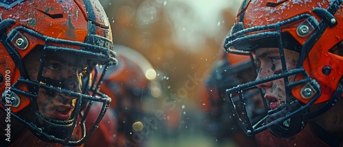 Two American football teams face off in a fierce championship game showcasing their aggressive and competitive spirit. Concept American Football, Championship Game, Fierce Competition photo