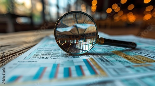 Business assessment and audit: magnifying glass placed on a financial report. photo