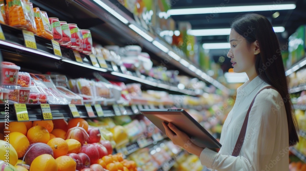 Woman using tablet in grocery store, suitable for technology concept