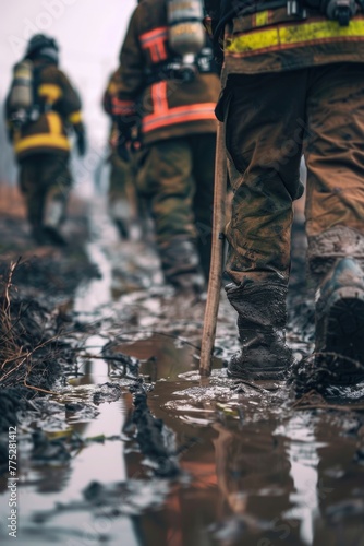 Group of firemen walking on a muddy road, suitable for emergency services concept