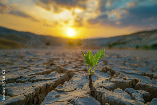 Green plant sprouting in arid cracked desert at sunset