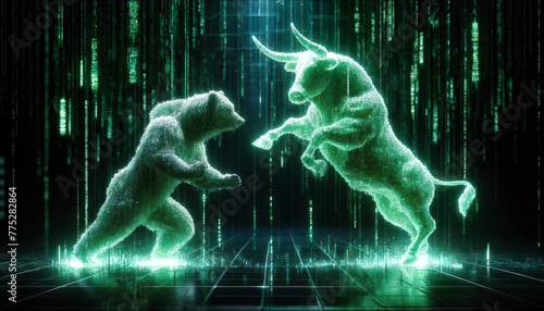 Holographic bear and bull figures, crafted from Matrix-style code, engage in a titanic digital duela