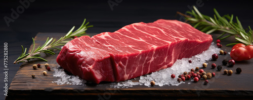 Raw beef steak on dark background with salt pepper and herbs