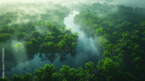 Tranquil river meandering through misty forest in breathtakingly realistic aerial perspective © RECARTFRAME CH