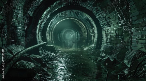 A mysterious dark tunnel with water flowing through it. Ideal for illustrating concepts of mystery and exploration