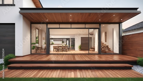 3D rendering of modern house with wooden deck floor at entrance and patio. © Ai Creatives