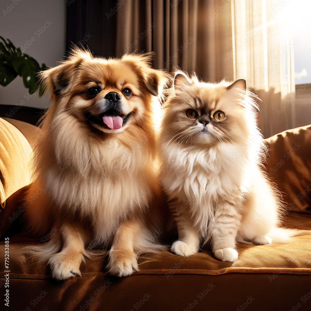 Friendly cat and dog sitting on a cozy sofa at home. 
