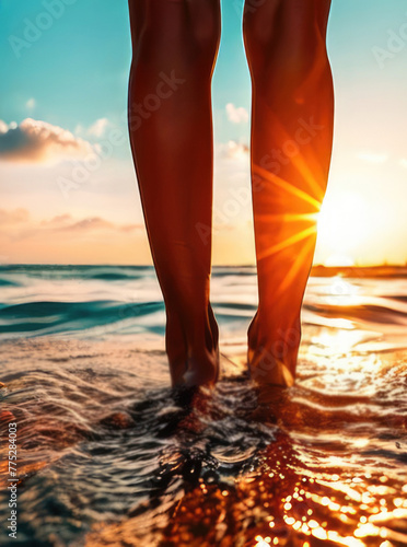 Human legs on sunset background above the sea waves. 