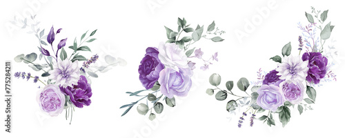Watercolor floral bouquet clipart. Violet flowers and eucalyptus greenery illustration isolated on transparent background. Purple roses, lilac peony for  wedding stationary, greeting card