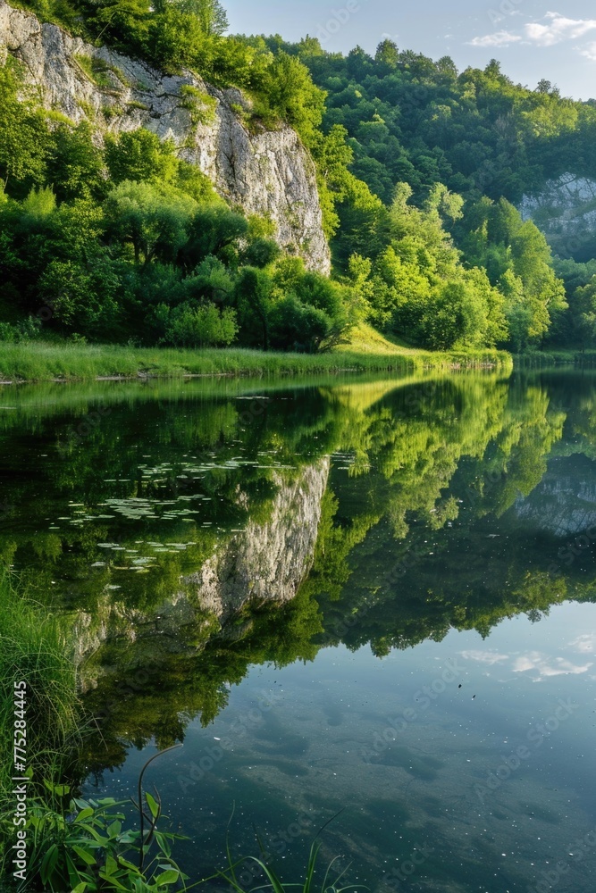 A peaceful body of water surrounded by lush green trees. Perfect for nature or relaxation concepts A peaceful body of water surrounded by lush green trees. Perfect for nature or relaxation concepts