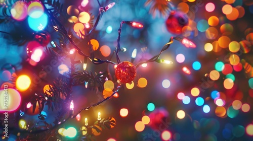 Close up of a Christmas tree with festive lights in the background. Perfect for holiday season concepts