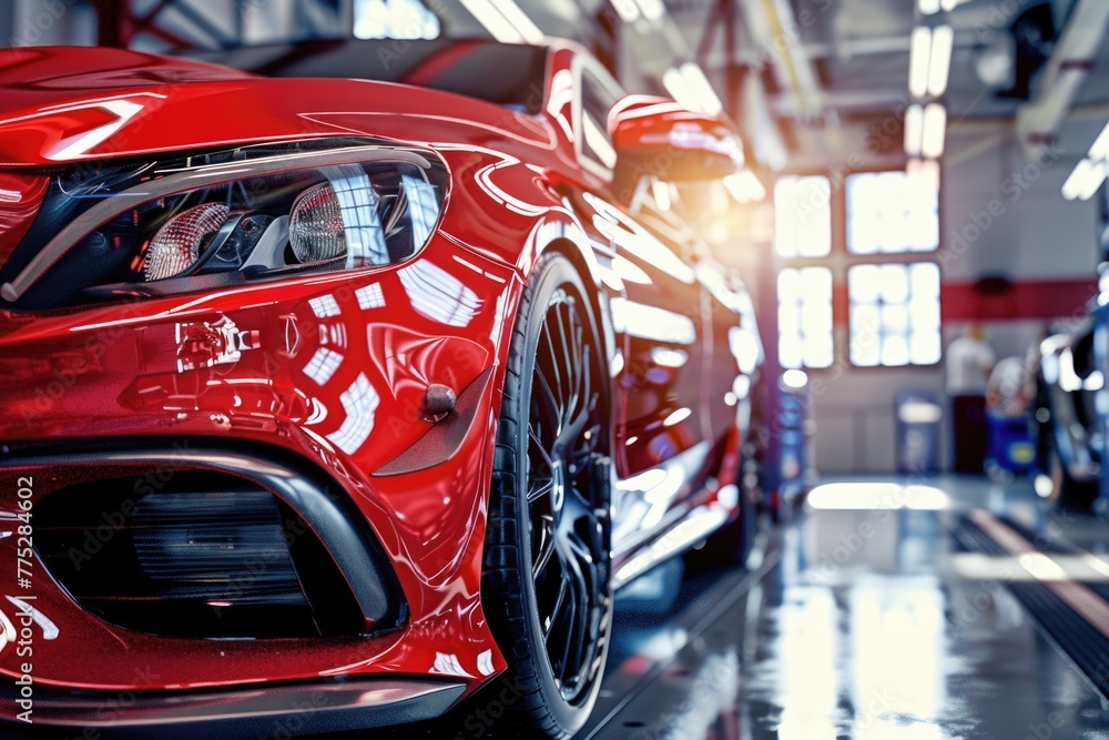 A red sports car parked in a garage, ideal for automotive concepts