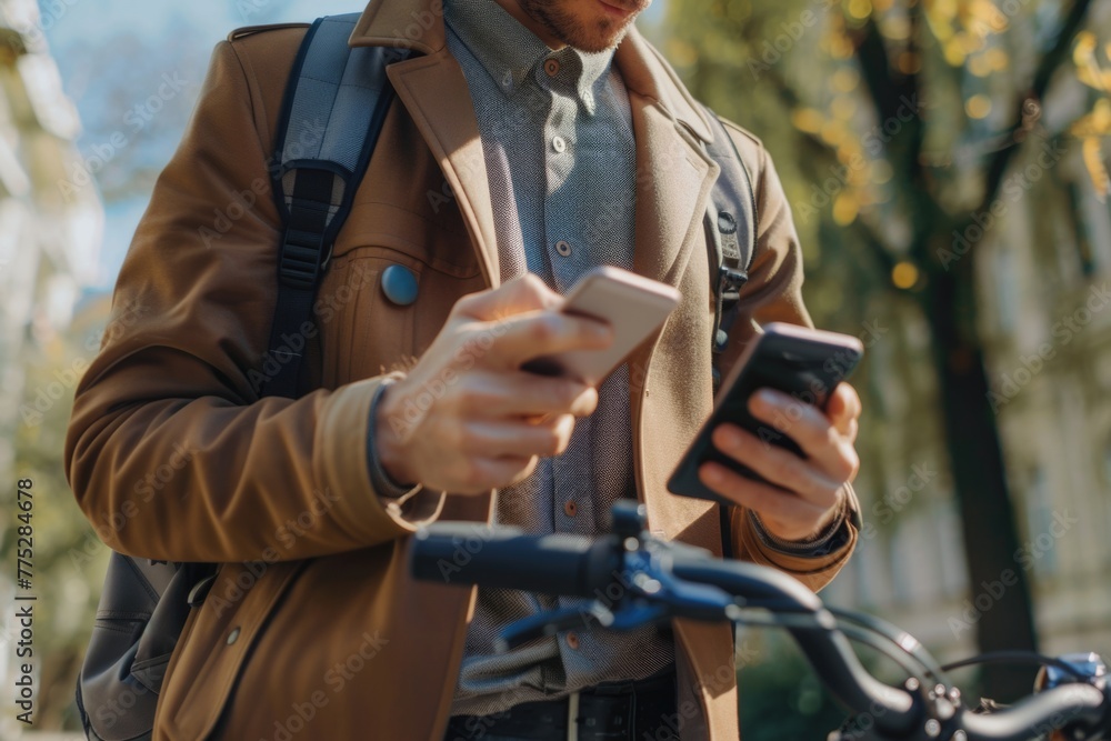 A man standing next to a bike, checking his cellphone. Suitable for technology and lifestyle concepts A man standing next to a bike, checking his cellphone. Suitable for technology and lifestyle concepts