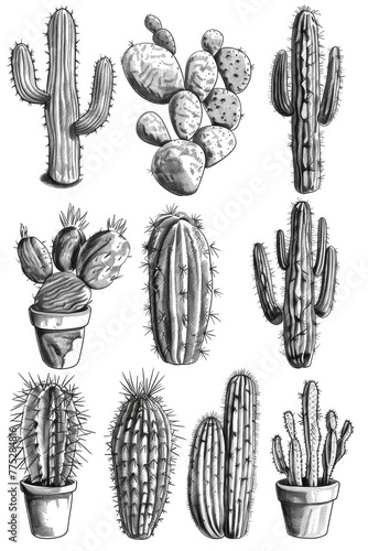 A collection of cactus plants in different pots. Suitable for gardening and home decor concepts