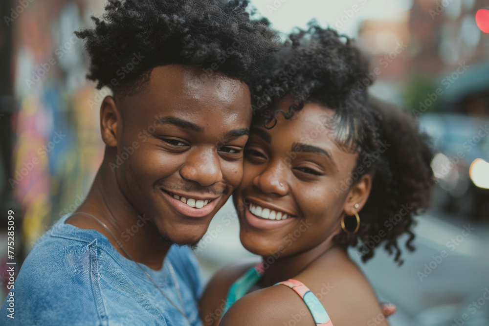 A man and a woman are hugging and smiling for the camera A man and a woman are hugging and smiling for the camera