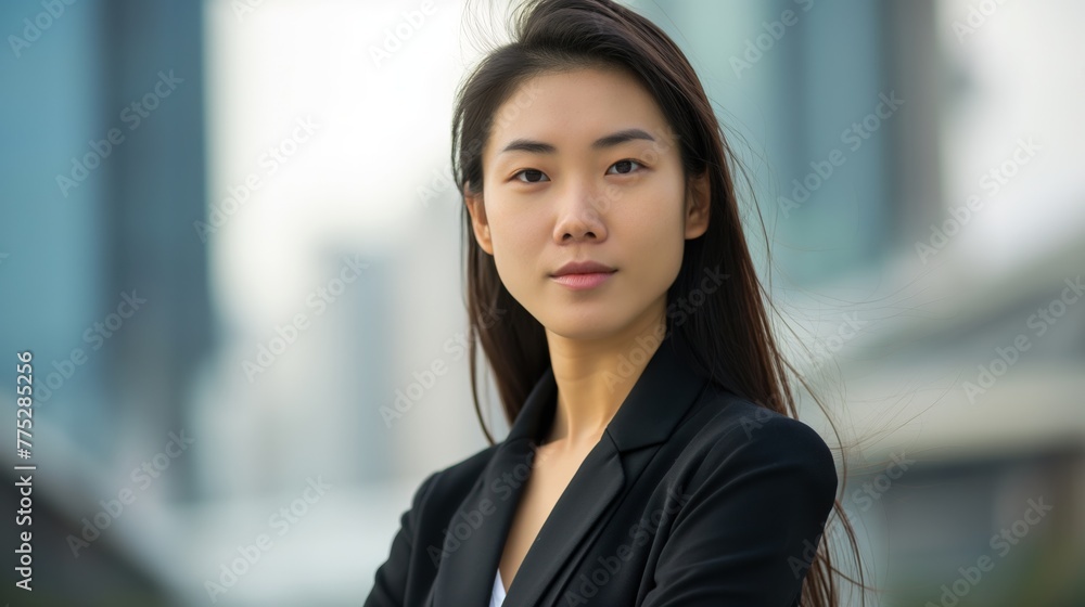 Young businesswoman long hair Asian Chinese Japanese Korean female woman look at camera blurred background Young businesswoman long hair Asian Chinese Japanese Korean female woman look at camera blurred background