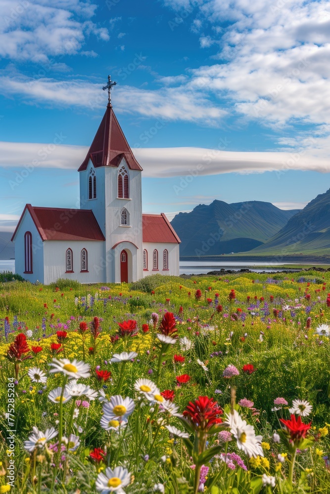 Beautiful church standing in a field of wildflowers, with majestic mountains in the background. Perfect for religious themes or nature landscapes