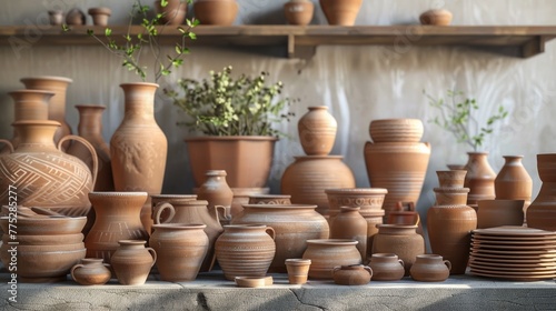 A collection of clay vases on a table, suitable for interior design projects