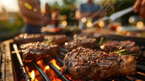Close-up shot of succulent grilled meat on a barbecue grill, with friends and family enjoying a festive atmosphere in the background