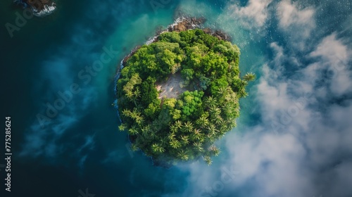 Small round isolated island top down view ocean sea green forest clouds fog