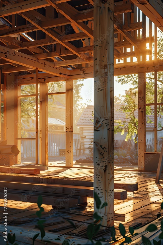 Obraz premium Building new wooden house, Building process on construction site on sunny day