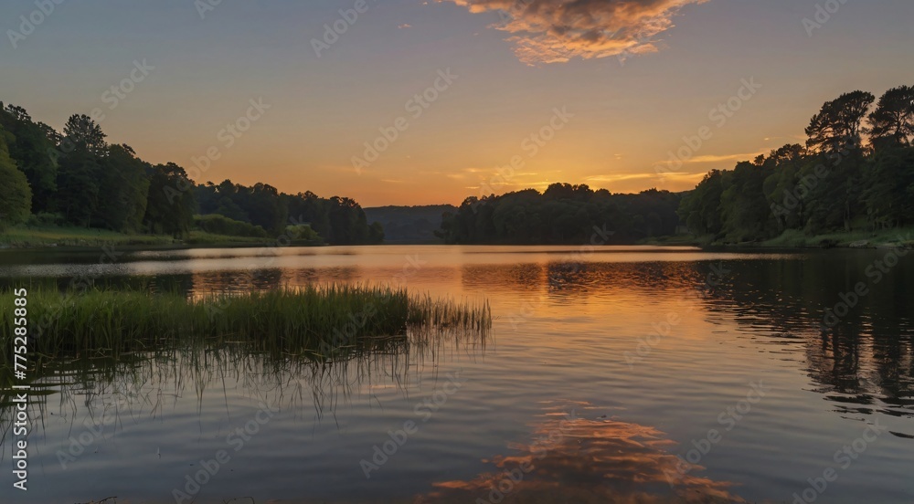 A serene lakeside scene at dusk, with the reflection of the setting sun on the water.
A serene lakeside scene at dusk, with the reflection of the setting sun on the water.