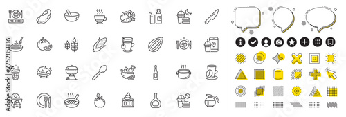 Set of Romantic dinner, Coffee cup and Spoon line icons for web app. Design elements, Social media icons. Saucepan, Seafood, Doppio icons. Ice cream, Gluten free, Brazil nut signs. Vector