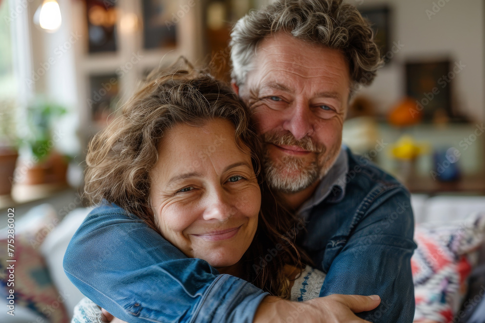 A man and woman are hugging and smiling for the camera A man and woman are hugging and smiling for the camera