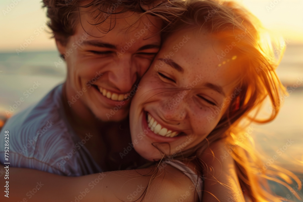 A man and woman are hugging and smiling for the camera A man and woman are hugging and smiling for the camera