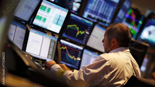 Stock or Forex trader works at laptop with multiple trading charts graphs computer screens hand on keyboard