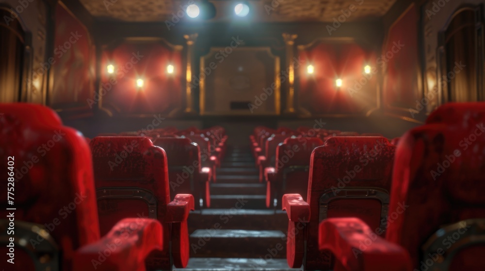 Row of red chairs in a theater, suitable for entertainment industry projects