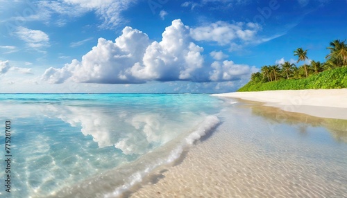 beautiful sandy beach with white sand and rolling calm wave of turquoise ocean on Sunny day