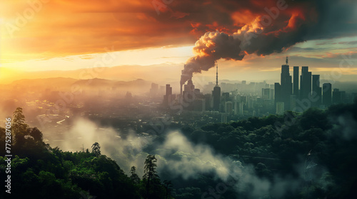 Cityscape with air pollution factory during sunset view from foggy forest mountain