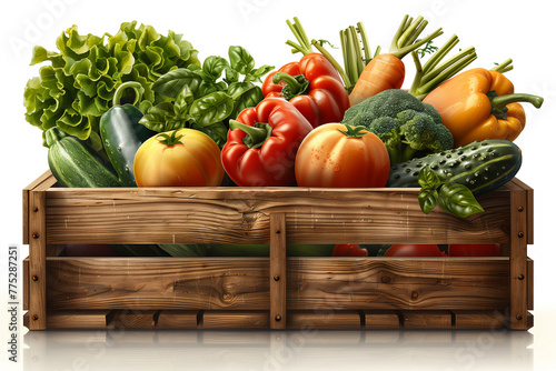 A wooden crate filled with a variety of vegetables including broccoli, carrots