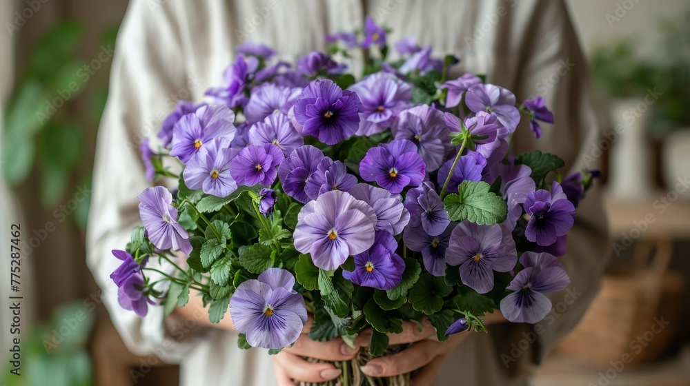 Person clutching a cluster of lavender blooms against greenhouse foliage Person clutching a cluster of lavender blooms against greenhouse foliage